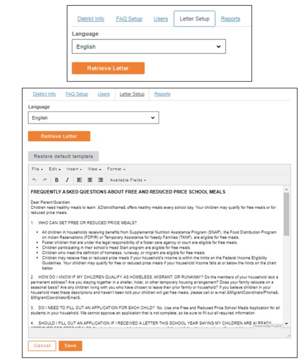 LAP letter setup form